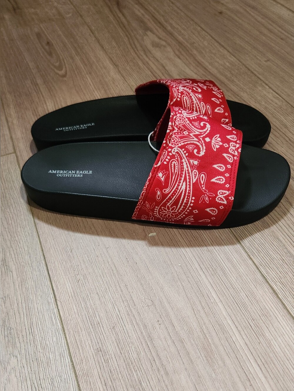 American Eagle Outfitters Red Bandana Slide Sandals with Black Footbed